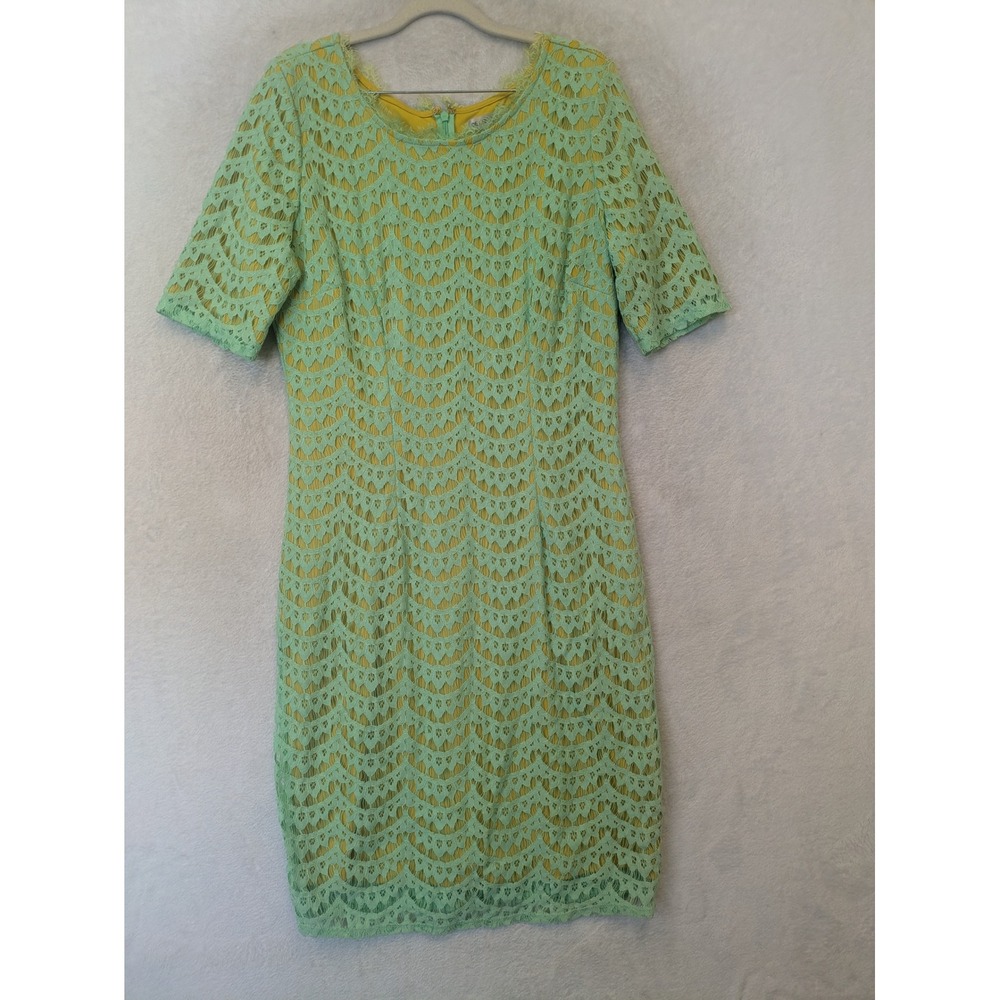 DE‎ Collection Sheath Dress Women's Large Green Yellow Lace Short Sleeve